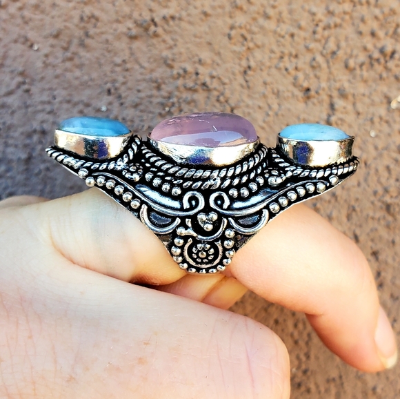New Rose Quartz & Larimar 925 Silver Statement Ring. - Picture 11 of 15